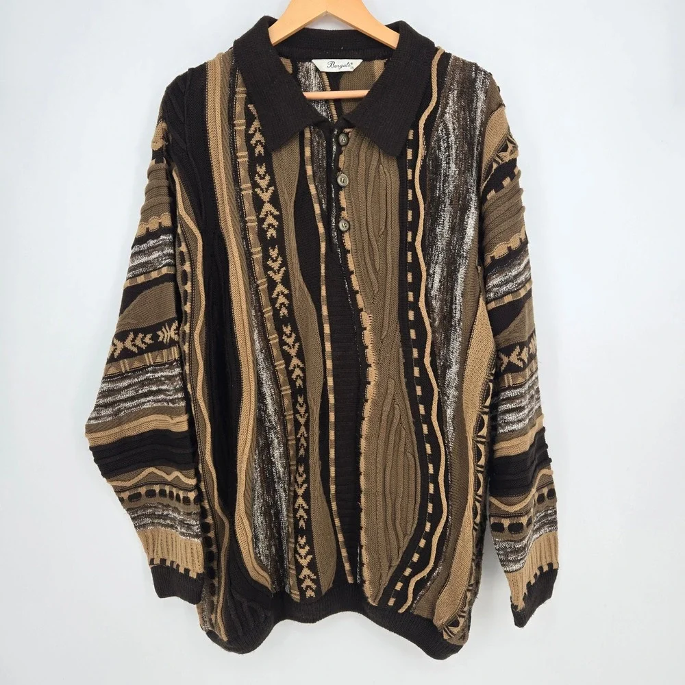 Vtg 90s Mens 2XL Coogi Style 3D Knit Textured Polo Collar Sweater Brown Tan Fall